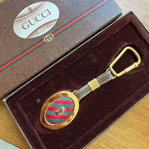 Vtg 1980s Gucci Red & Green Stripe Leather Keychain with Gold Hardware